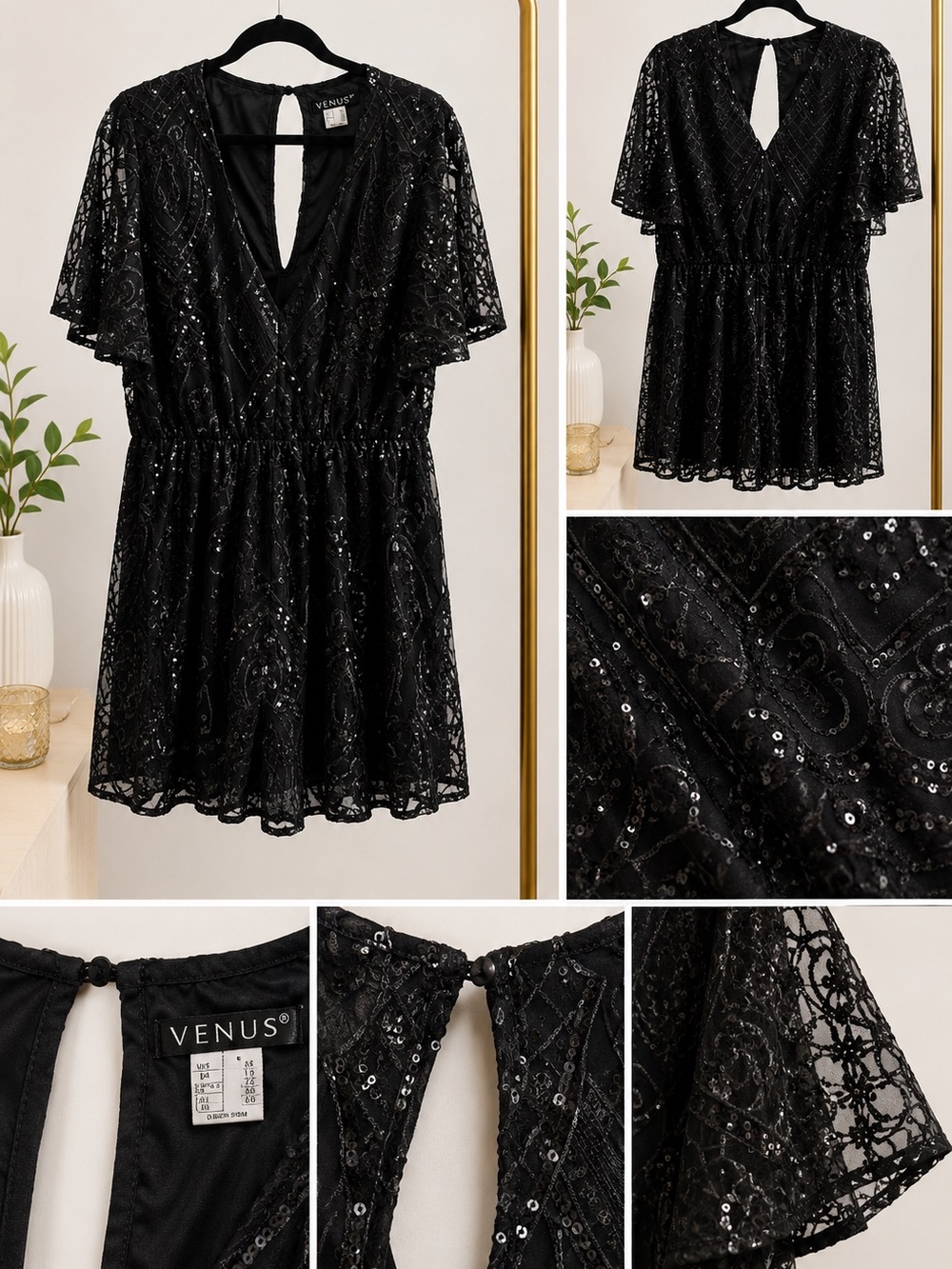 VENUS Black Sequin Lace Romper with Flutter Sleeves